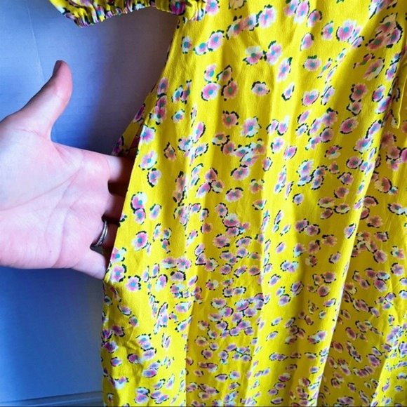 NICHOLAS Yellow Floral A-Line Midi Dress V Neck Puff Sleeve Tea Length US 0 New - Picture 7 of 10